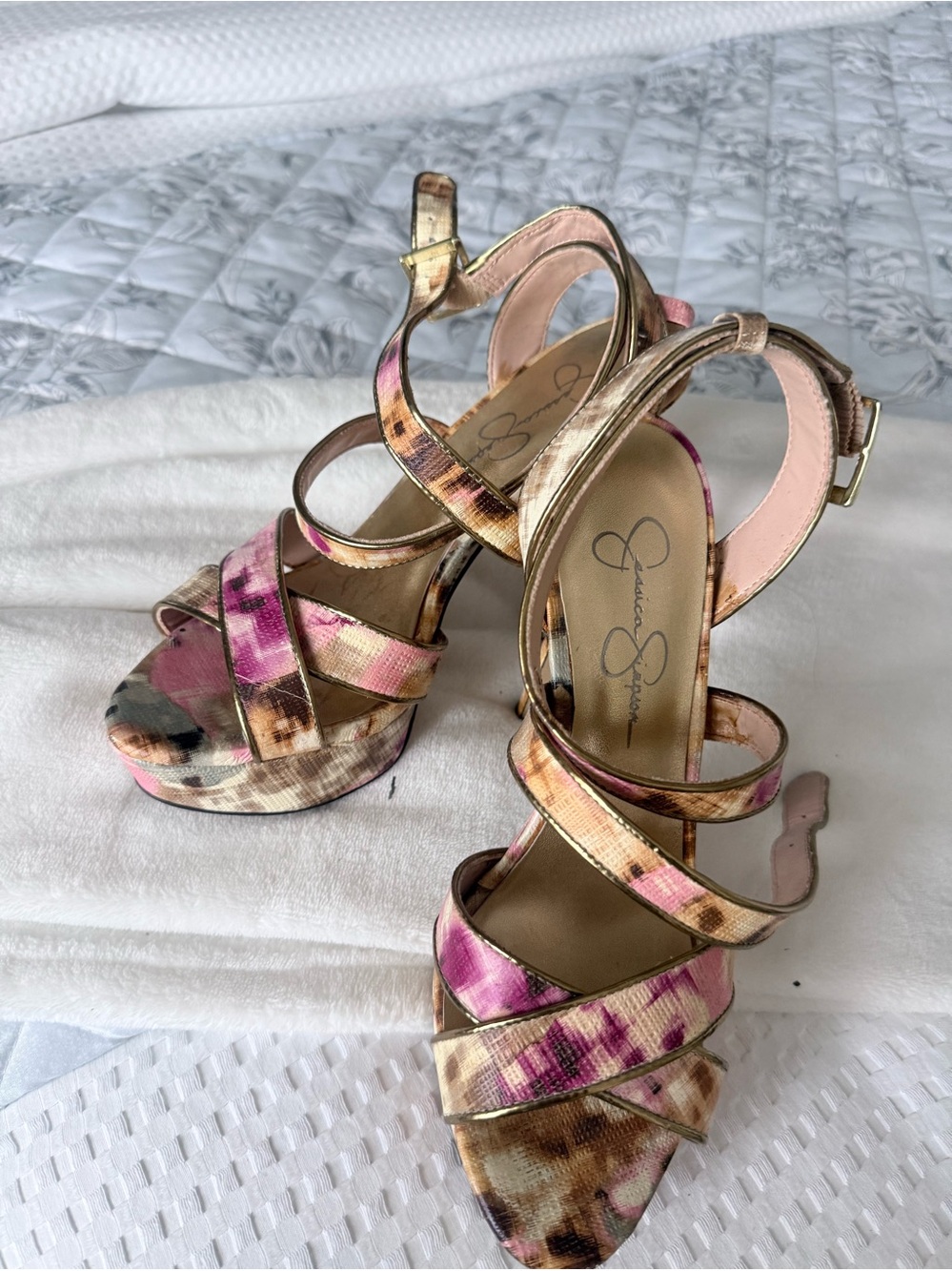Jessica Simpson Pink and Gold Floral Platform Heels
